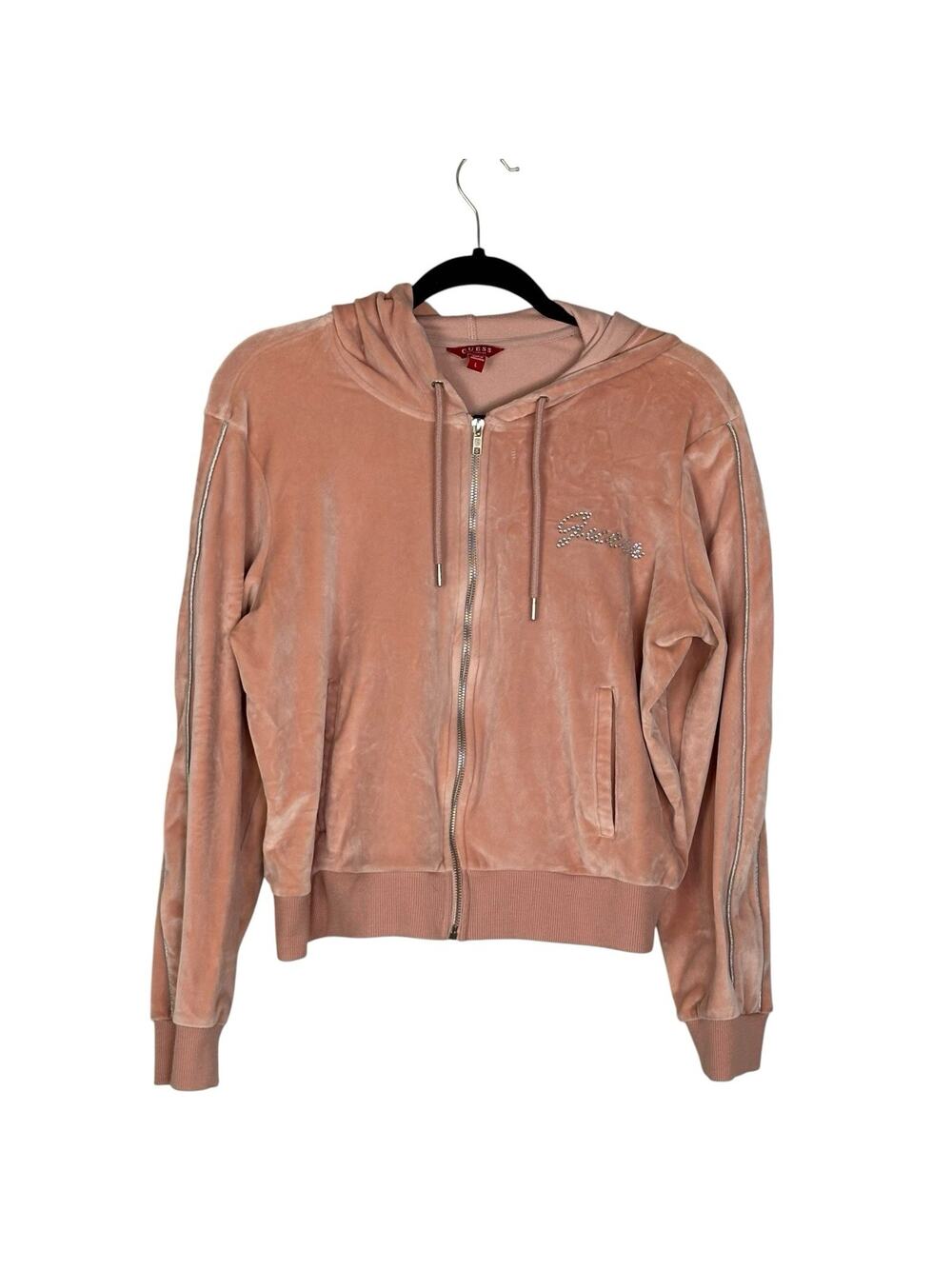 Guess Women’s Track Jacket Velour Rhinestone Logo Sporty Peach Size L